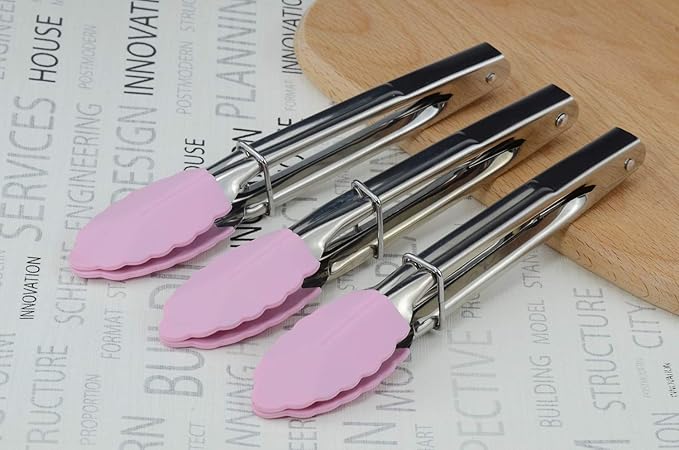 HINMAY 7-Inch Serving Tongs with Silicone Tips Clam Shell Mini Tongs, Set of 3 (Pink)