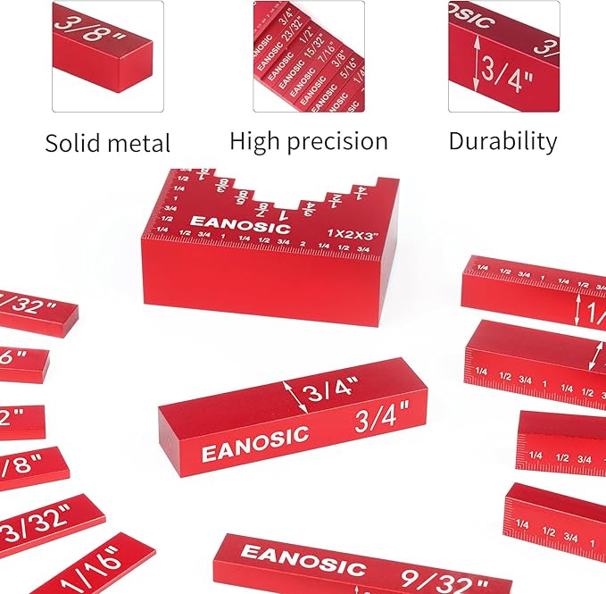 EANOSIC Setup Blocks Woodworking Tools - 16 PCS Height Gauge Block Set with Easy Block, Precision Ruler-Marked Bars - Solid Aluminum Alloy Setup Barsn Saw Gauges for Router and Table Saw Set Up