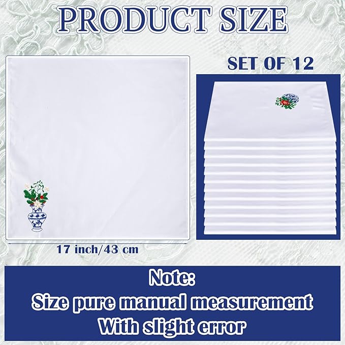 HunnmingRe 12 Pcs Christmas Blue and White Cloth Napkins Chinoiserie Embroidered Cotton Vase Hand Towels Blue Guests Napkin for Dinner Holiday Weddings Parties Washable 17x17 Inch