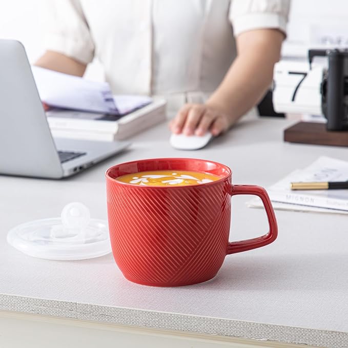 Ceramic Soup Bowl with Lid & Handle: 32 oz Microwave Safe Food Container for Ramen Noodles Cereal Leftovers - Extra Large Mugs for Breakfast Lunch Picnic Camping - Red, Set of 2