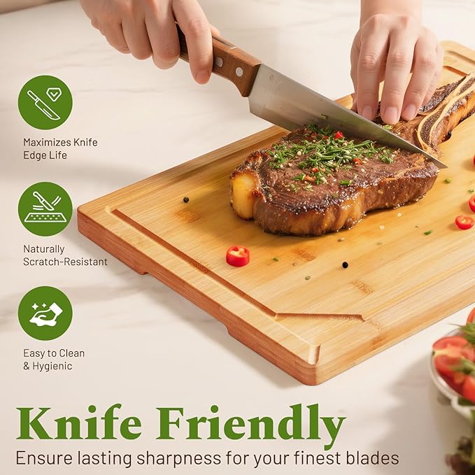 Kikcoin Over Sink Bamboo Cutting Boards for Kitchen - 3+1 Piece Self-Draining Healthy Wood Cutting Board Set with Built in Handle& Spout, Charcuterie& Meat Extra Large Butcher Chopping Boards, Natural