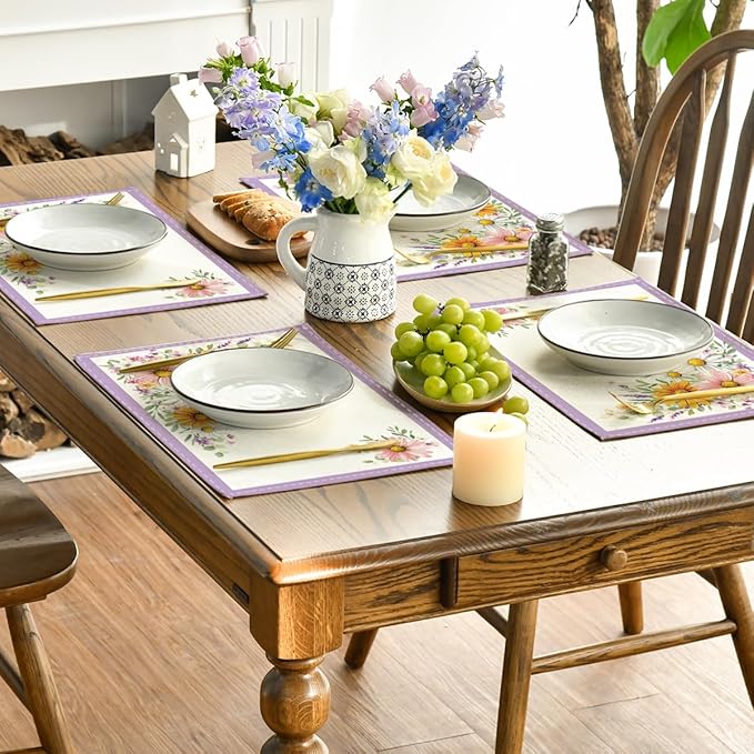 Artoid Mode Purple Sunflowers Butterfly Spring Placemats Set of 4, 12x18 Inch Seasonal Summer Holiday Table Mats for Party Kitchen Dining Decoration