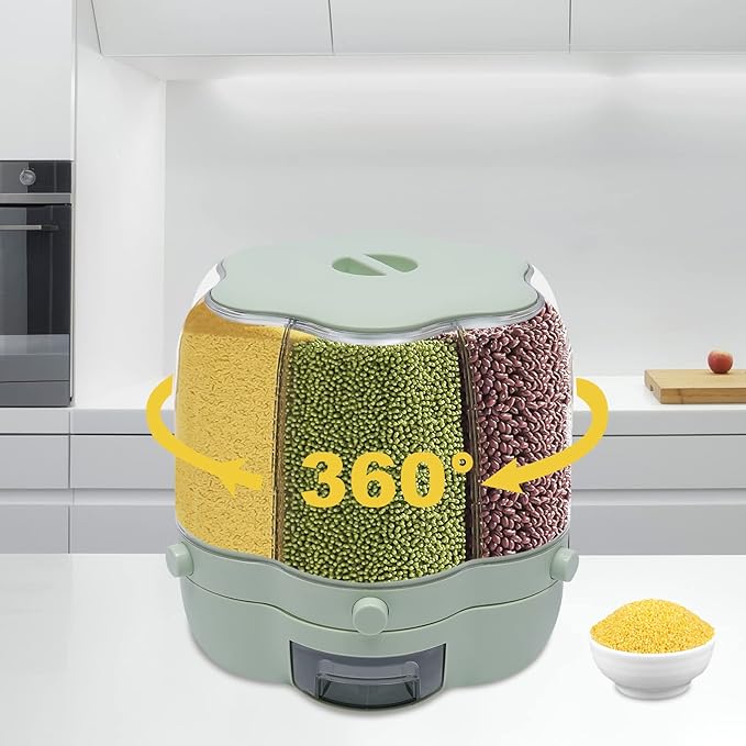 6 Grids Grain Dispenser Can, 360°Rotating Cereal Rice & Grain Storage Container with Lid Rotatable Sealed Food Storage Bucket Dry Food Dispenser for Grains Beans (17.63Lbs Matcha Color)