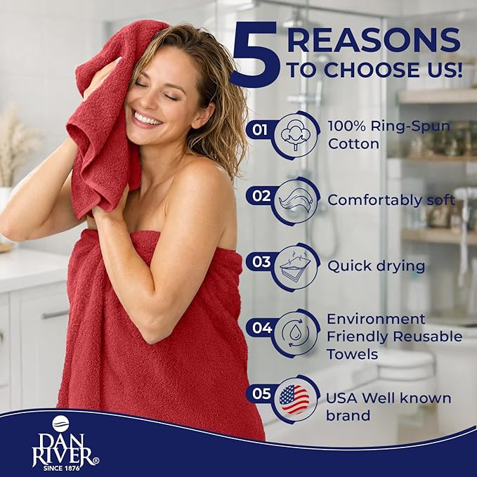 DAN RIVER 8 PC Luxury Bath Towels for Bathroom, 2 Bath, 2 Hand, and 4 Wash Cloths, 600 GSM 100% Ring Spun Cotton Towel Set, Highly Absorbent, Gym, Hotel, and Spa, Red