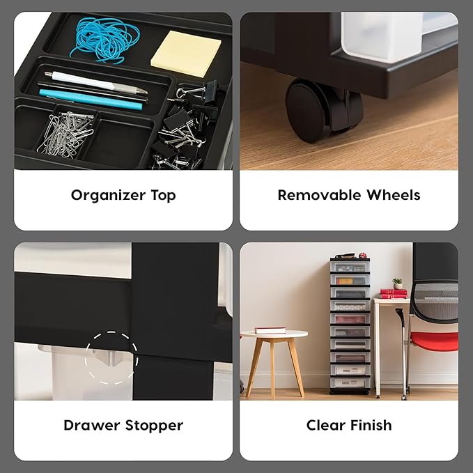 IRIS USA 2 Pack 10-Drawer Plastic Storage Rolling Organizer Cart with Caster Wheels for Laundry Room, Bathroom, or Closet Dresser Storage, Black/Clear