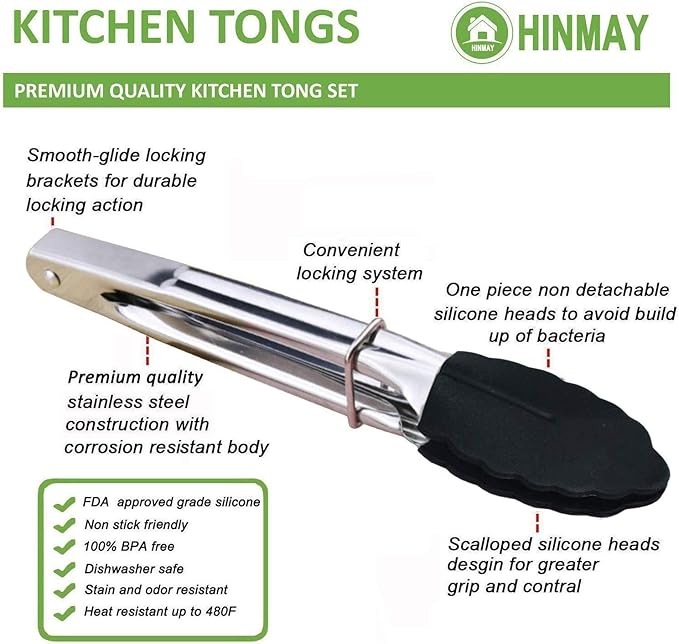 HINMAY Mini Tongs with Silicone Tips 7-Inch Kitchen Tongs, Set of 3 (Black)