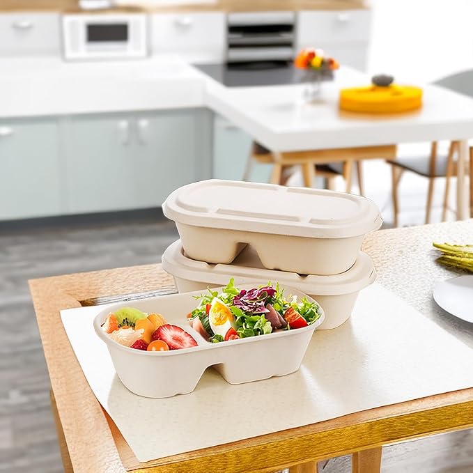 Yesland 50 Pcs Compostable Take Out Food Containers with Lid, 33 oz Bagasse to Go Container 2 Compartment Rectangular Disposable Paper Bowl, Eco-Friendly Meal Prep Food Container for Salad Leftovers