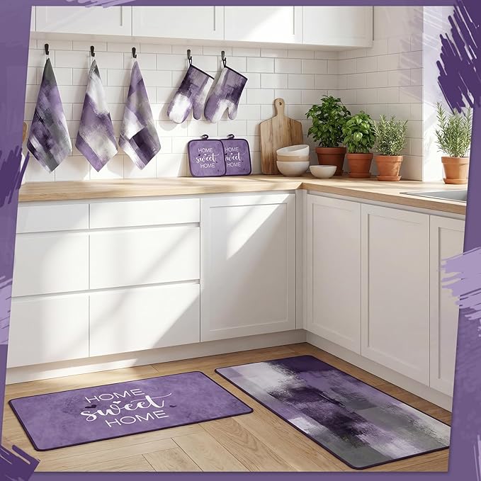 Fourluoo 10 Pcs Grey and Purple Kitchen Decor Purple Oven Mitts and Pot Holders Kit Farmhouse Dish Towels Kitchen Rugs Marble Pattern Oven Gloves for Home Baking Cooking Birthday Summer Gifts Decor
