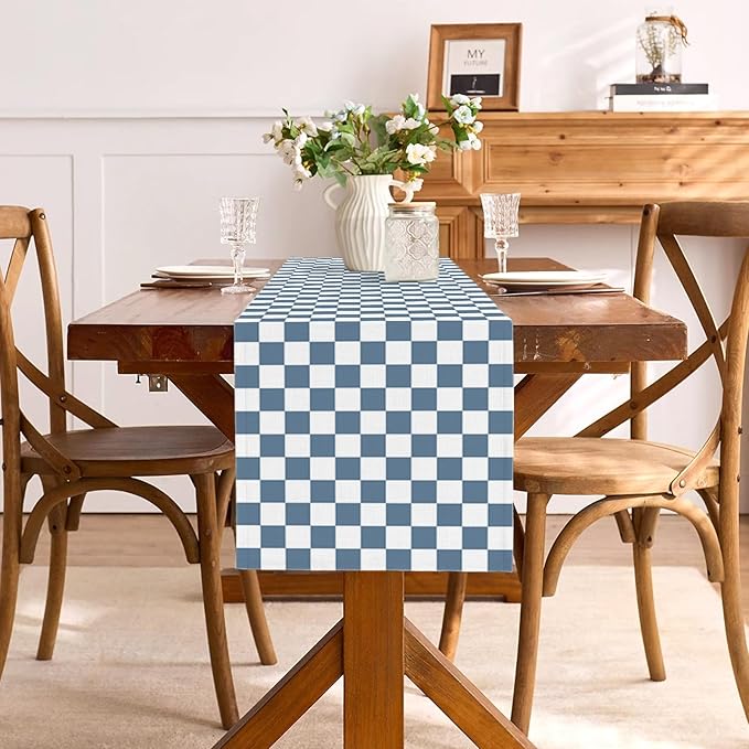 Dusty Blue Checkered Table Runner Gingham Birthday Party Decoration Wedding BBQ Dining Room Home Kitchen Table Decor (Dusty Blue, 13" x 72")