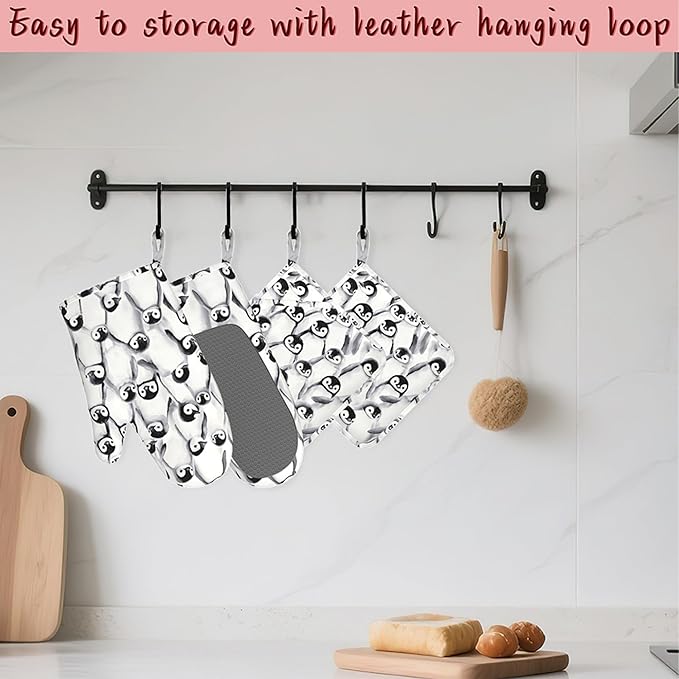 Funny Cute Penguin Heat-Resistant Silicone Oven Mitts and Pot Holder 4 Piece Set,Non-Slip Kitchen Oven Gloves for Baking, BBQ, Cooking,Grilling