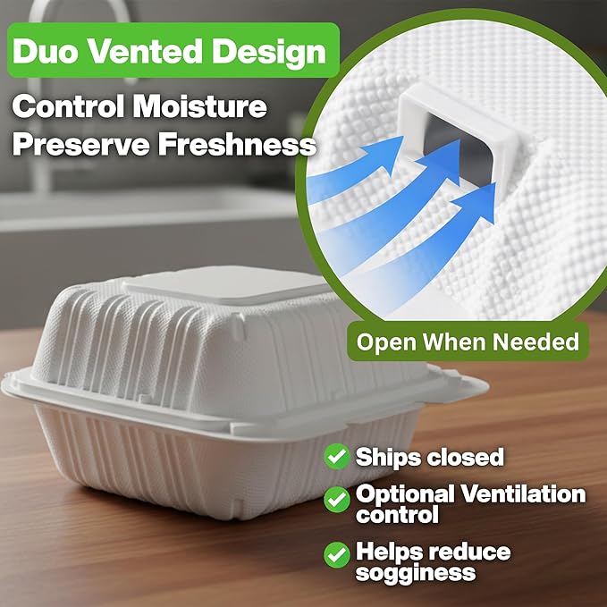 Hinged Take-Out Containers 6″ x 6″(50pack) BPA Free, Clamshell To Go Boxes Recyclable, Microwave & Freezer Safe Food Storage Boxes for Restaurants, Catering - Cake Slice Container - White