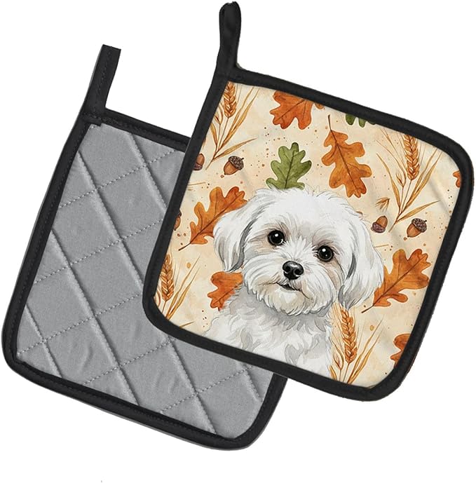 Caroline's Treasures Maltese Heirloom Fall Pair of Pot Holders Pair 7.5x7.5 Quilted Insulated Hot Pads Decorative Kitchen Gift Made in USA
