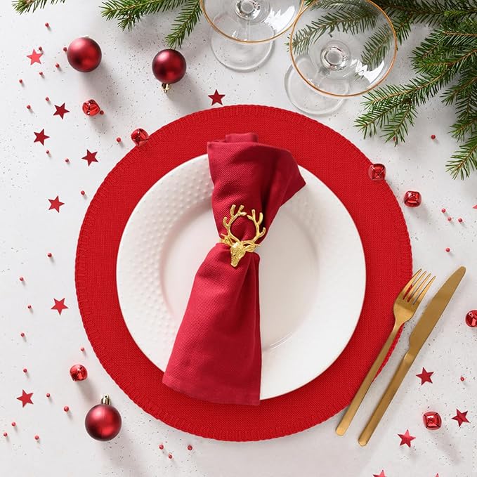 Round Placemats Set of 6, 15 Inch Linen Fabric Table Placemats, Heat Resistant, Wrinkle Free Washable Placemats Kitchen Place Mats Set of 6 for Dining Table Party Table (Red, 6)