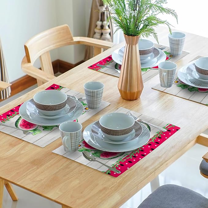 Watermelon Placemat for Table Dining Set of 4，Tropical Fruit Heat Resistant Washable Table Mats,White Daisy Table Dining Mat for Seasonal Party Kitchen Decor