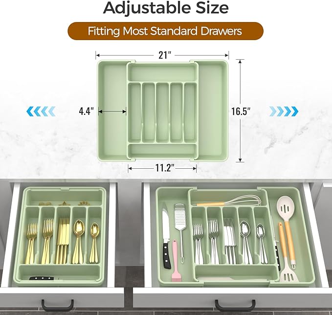 ukeetap Extra Large Expandable Silverware Organizer, BPA-Free Food-Safe Cutlery Flatware Organizer, Kitchen Utensil Drawer Organizer, Adjustable Silverware Holder for Spoons Forks Knives, Green