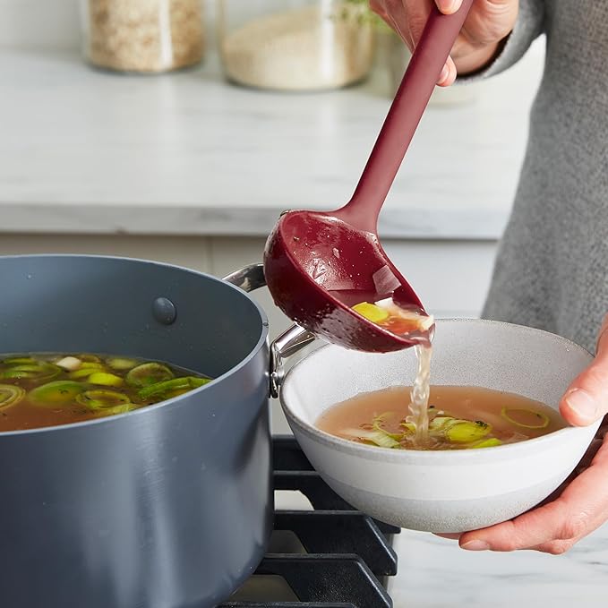 GreenPan Silicone Ladle, Soup Mixing Stirring Serving, Cooking Kitchen Utensil, Flexible Rubber Nonstick Cookware, Rigid Steel Core, Heat-Resistant, Anti-Slip Handle, BPA-Free, Dishwasher Safe, Red