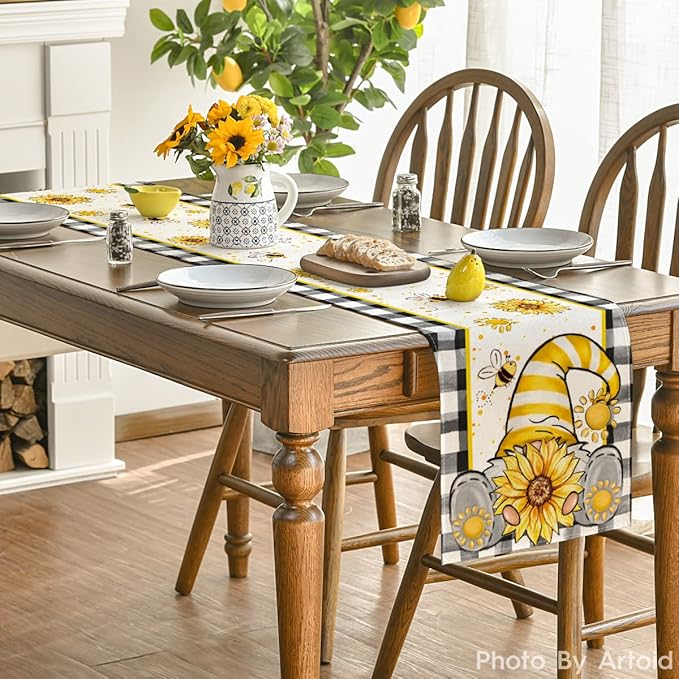 Artoid Mode Buffalo Plaid Sunflower Gnome Bee Summer Table Runner, Seasonal Spring Kitchen Dining Table Decoration for Home Party Decor 13x48 Inch