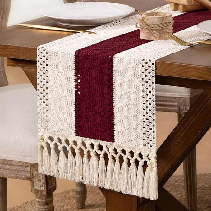 DeZerlor Boho Macrame Table Runner Spring Easter Farmhouse Woven Table Runner with Tassels 108 Inches Ivory& Burgundy Red Cotton Linen Kitchen Table Decor for Dining Dresser Home Tea Table Decor