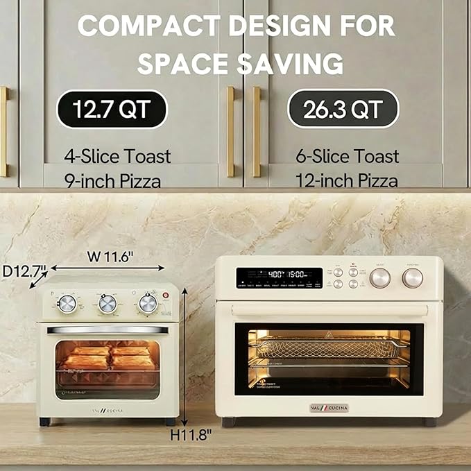 VAL CUCINA 6-in-1 Air Fryer Toaster Oven Combo, Compact 12.7 QT Small Countertop Convection Oven, Fits 9" Pizza & 4 Toast, Hexagon Hybrid Heating, Enamel Baking Pan