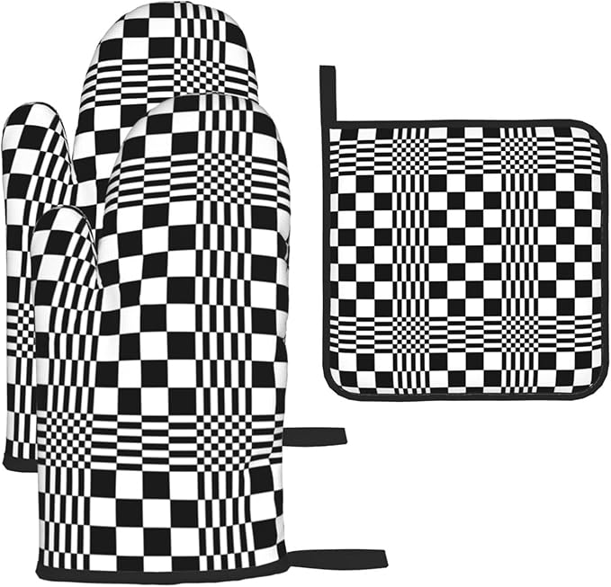 Black and White Optical Illusion Checkered Oven Mitt & Pot Holder Set (3-Piece) - Heat Resistant Non-Slip Kitchen Gloves Gift for Cooking Enthusiasts, Modern Kitchen Decor for Baking Grilling, Black