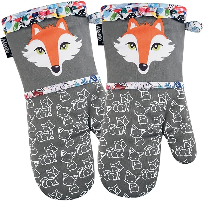 Alselo Oven Mitts, Heat Resistant Kitchen Mittens with Soft Quilted Cotton Lining Set of 2, Fashion Animal Design with Silicone Printing Anti-Slip Gloves for Baking Cooking Barbecue (Gray 2)