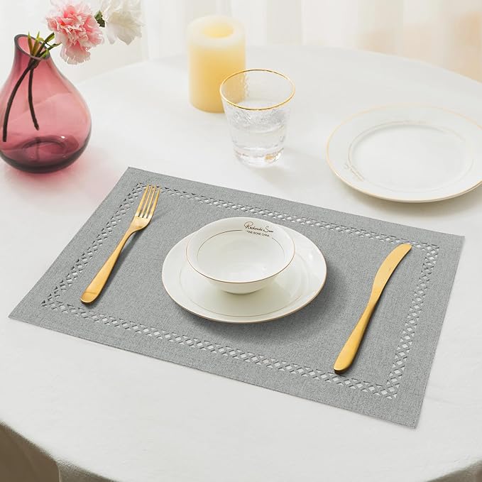Linen Cloth Placemats Set of 4, HADEEONG 12 x 18 Inch Hollow Edge Place Mats Washable Heat Resistant Placemats Cloth Table Mats for Dining Table Home Decor (Light Grey, 4)