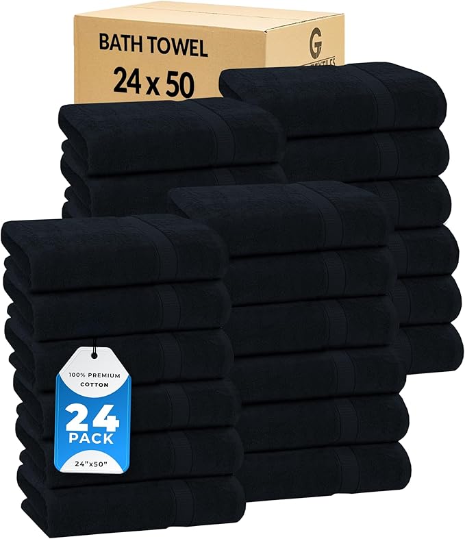 GOLD TEXTILES Premium Grey 100% Cotton Bath Towels Set (24 Pack, 24 x 50 Inch) High Absorbency Multipurpose Quick Drying Pool Gym Hotel Spa Bath Towel (24, Grey)