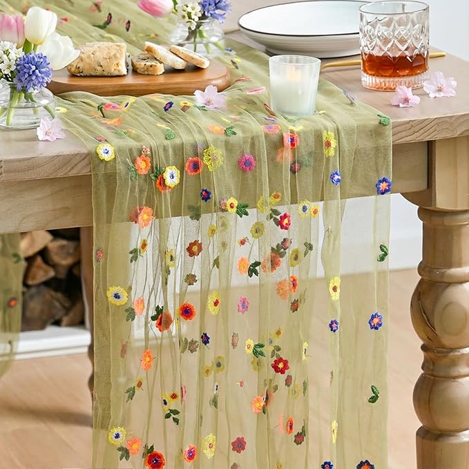 Artoid Mode Green Embroidery Daisy Spring Gauze Table Runner 59x120 Inch 10FT, Seasonal Sheer Kitchen Dining Holiday Wedding Birthday Table Decor for Home Party