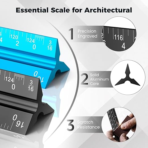 Rena Chris 2PCS Architectural Scale Ruler: 12" Imperial Aluminum Alloy Metal Architecture Measuring Tools, Engineering Drafting Construction Drawing Blueprints Triangular Architect Scaling Rulers