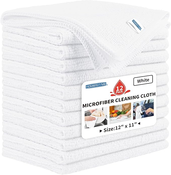 Microfiber Cleaning Cloth, 12 Pack White Cleaning Rags,12" X 11" Lint Free Dish Towels Wash Cloths, Reusable Microfiber Towels for Home and Kitchen Bathroom Apartment Cleaning Supplies
