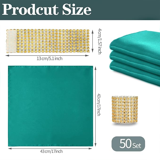 RUDONG M 100 Pcs Teal Satin Napkins and Napkin Rings Set, 17 x 17 Inch Square Cloth Napkins Set of 50, Silky Soft Table Napkins Bulk for Weddings, Banquet, Parties Dinner Decoration