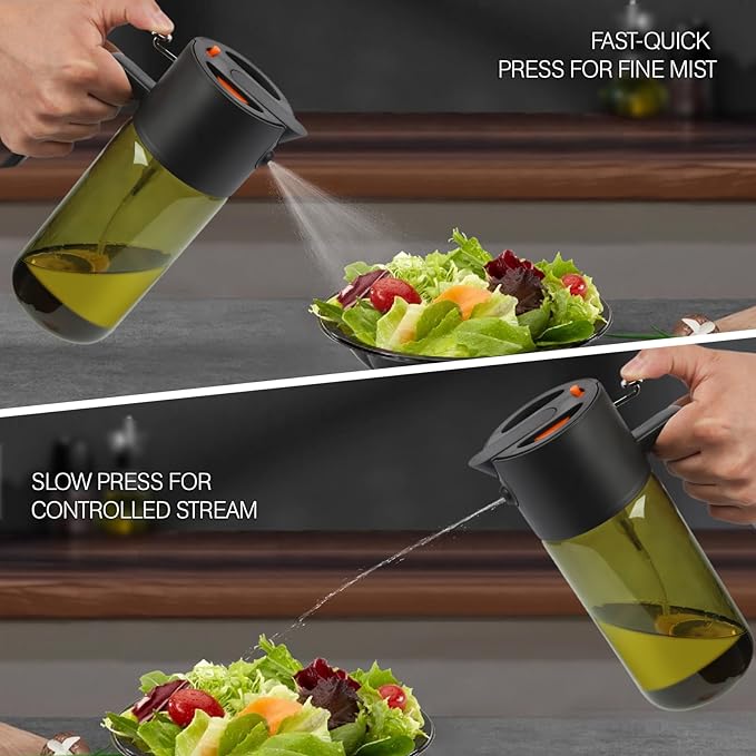 2-IN-1 500ml/17oz Light-Blocking Dark Oil Sprayer for Cooking with Sticker, Dark Green Glass Olive Oil Dispenser Bottle for Kitchen, Even Spray with Portion Control, Perfect for Air Fryer, BBQ - Black