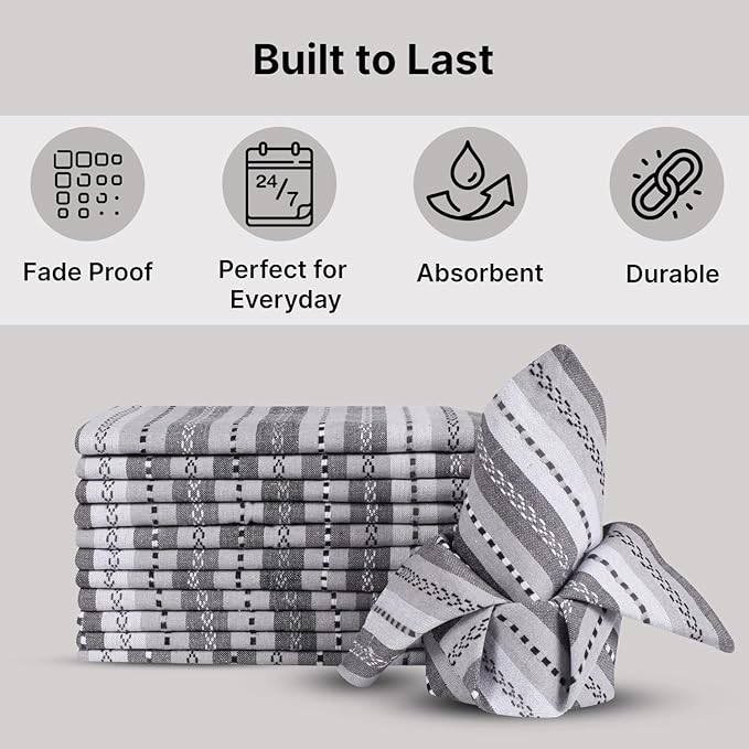 LFH Home Cotton Rich Cloth Salsa Napkin Set of 12 Washable Soft Durable Striped Table Napkins for Dining Wedding, Daily Use Reusable Eco-Friendly Fabric Napkins (18x18)-Grey Thanks Giving