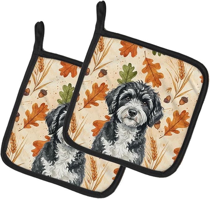 Caroline's Treasures Portuguese Water Dog Heirloom Fall Pair of Pot Holders Pair 7.5x7.5 Quilted Insulated Hot Pads Decorative Kitchen Gift Made in USA