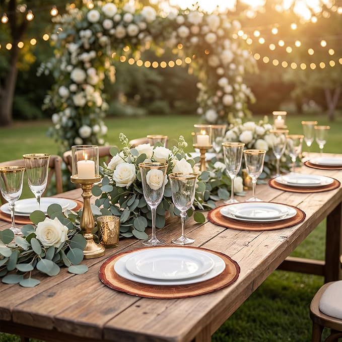 60 Pcs Wooden Slice Paper Placemats, 13.5 Inch Disposable Scalloped Table Mats Rustic Brown Placemat, Round Banquet Place Mats for Table Setting Farmhouse Wedding Banquet Dinner Party Decor