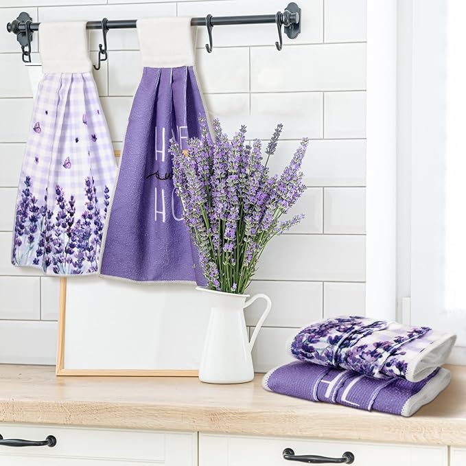 Tegeme 6 Pcs Hanging Kitchen Towels with Loop, Absorbent Hand Tie Towels Microfiber Decorative Fast Drying Kitchen Hanging Towel for Home Bathroom(Lavender)