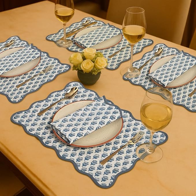 CPC Cotton Placemats Apatite Blue Set of 4-Hand Block Printed Reversible Placemats, Flower Scalloped & Embroidered Cloth Table Mats - 14 x 20 inch Gift for Spring, Mother's Day