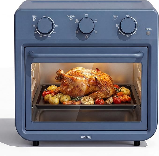SMIRLY 6-in-1 Air Fryer Toaster Oven Combo, 27QT Convection Oven Countertop, 60 Min Timer, 1800W Oven for Toast, Roast, Bake, Reheat, Broil, Warm, Fits up to a 5 lb Turkey, 12" Pizza, 8 Toast, Blue