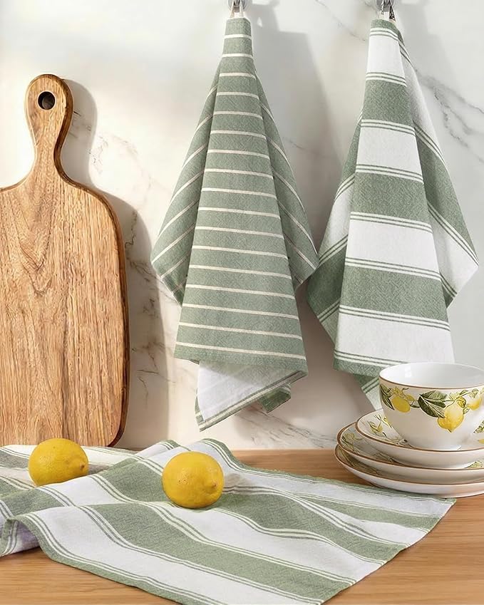 Miss Adola Neutral Flour Sack Kitchen Towels - 3 Pack 18"x 26" Cotton Farmhouse Fast Drying Decorative Hand Tea Towel Dishcloth with Hanging Loop for Home Decor Housewarming Gift, Sage Green
