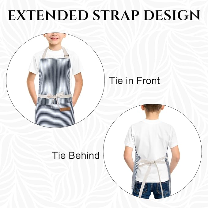 3 Pack Stripes Kids Apron, Adjustable Kids Cooking Aprons with 2 Pockets, Cute Chef Baking Aprons for Boys and Girls