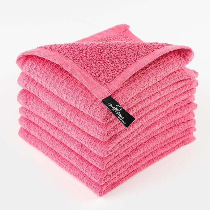 Kitchen Cleaning Dish Wash Cloths Waffle Terry Design Kitchen DishCloths|Washable 12x12 Cotton Dish Rags for Drying Dishes|Counter Top Barista Dust Wipes|Spring Easter Basket Decor| 6 Pc Set- Pink