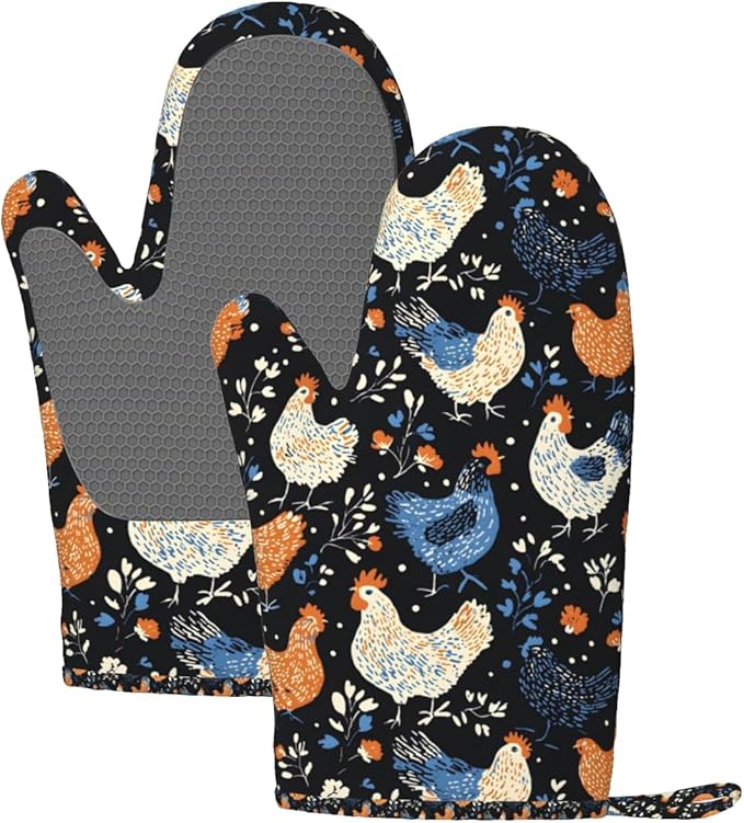 Rooster Silicone Oven Mitts Set of 2, Heat Resistant up to 500°F, Kitchen Oven Gloves with Non-Slip Grip and Soft Cotton Lining for Baking, Cooking and BBQ