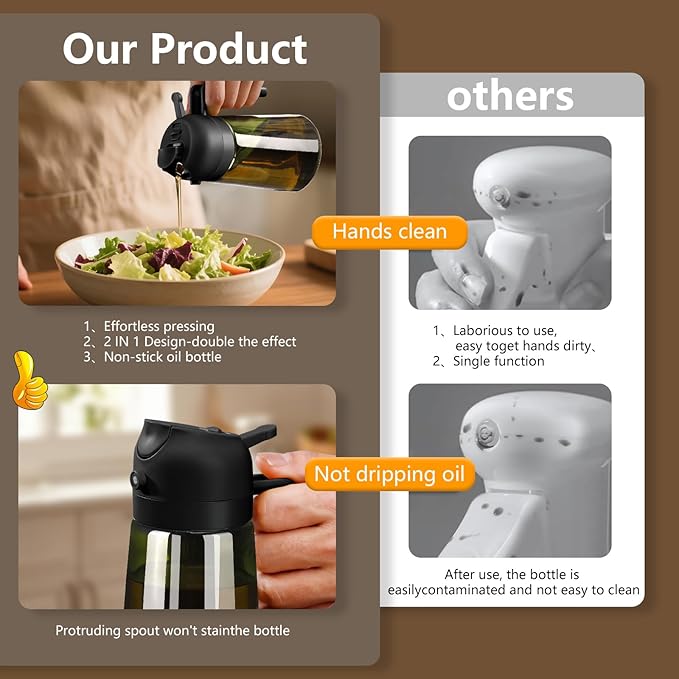 SWEET VIEW 2PCS Olive Oil Dispenser and Oil Sprayer – 16oz/470ml Glass Light-Proof Oil Pourer for Kitchen Air Fryer, Cooking, Salad, and BBQ, with Stickers