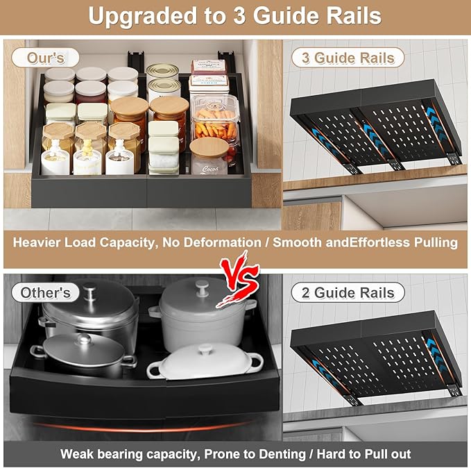 Pull out Cabinet Organizer,Expandable Width(11"-16"),Depth(17"-24") with 3 Rails,Roll out Drawers,No Drill Adjustable Slide out Shelves for Kitchen,Pantry,for Both Lip and Lip-Free Cabinets,Black(1PC)