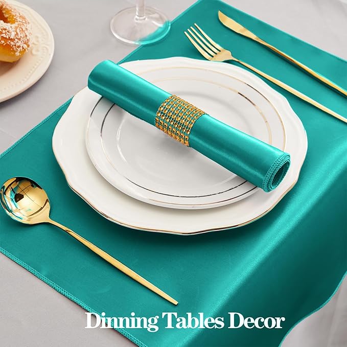 RUDONG M 100 Pcs Teal Satin Napkins and Napkin Rings Set, 17 x 17 Inch Square Cloth Napkins Set of 50, Silky Soft Table Napkins Bulk for Weddings, Banquet, Parties Dinner Decoration