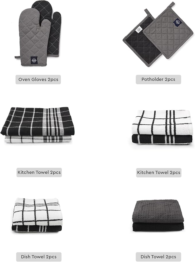 Encasa XO Kitchen and Dish Towels - Oven Mitts - Pot Holder Set of 12 Pc - Pure Cotton - Dishcloths Grey Combo