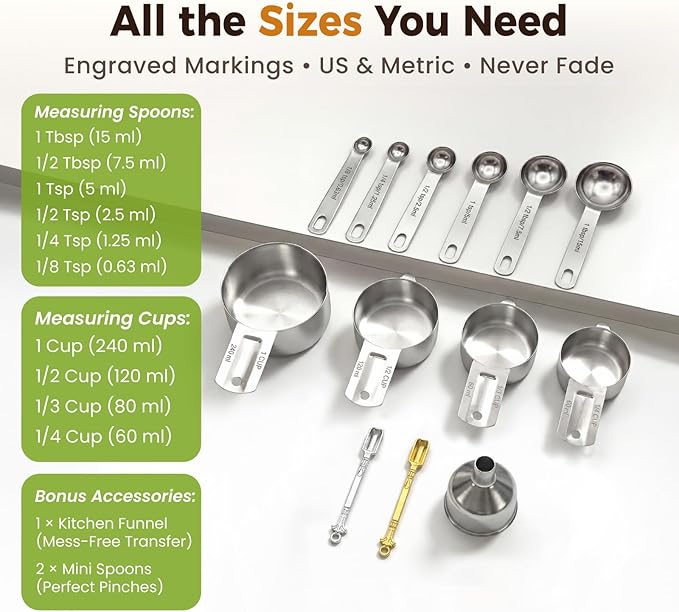 13PCS Measuring Cups and Spoons Set, Premium Heavy Duty Steel Measuring Spoons Cups Set with Metric and US Measurements, Set for Measuring Dry and Liquid Ingredients