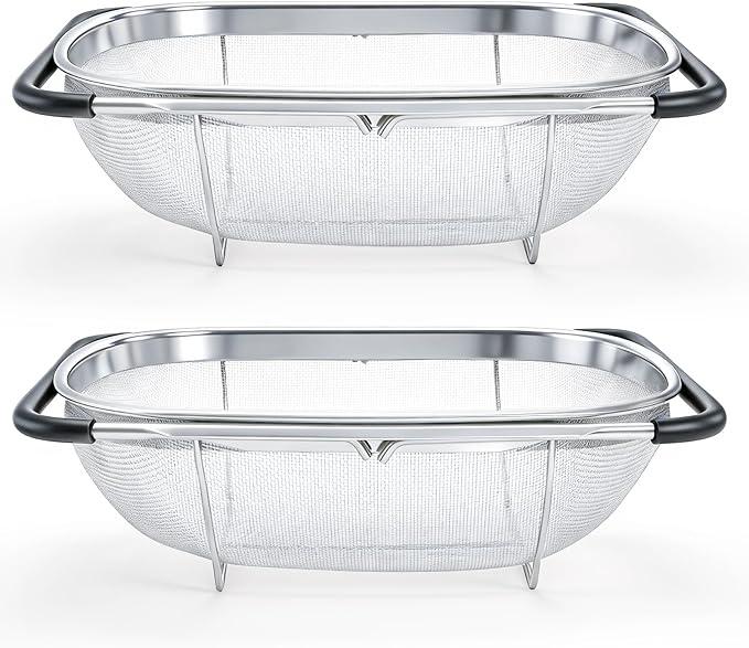 Suwimut 2 Pack Over the Sink Oval Colander for Kitchen, Stainless Steel Fine Mesh 6 Quart Strainer Basket with Expandable Rubber Grip Handles for Straining, Draining, Rinsing Fruits, Vegetables