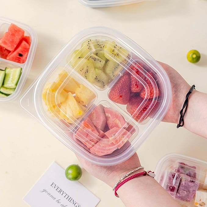 70 Pack Clear Bento Boxes 4 Compartment, Disposable Lunch Snack Containers with Lid, Food Storage Meal Prep Divided Containers with 200 pcs Fork for Camping, Lunch, Work, Travel