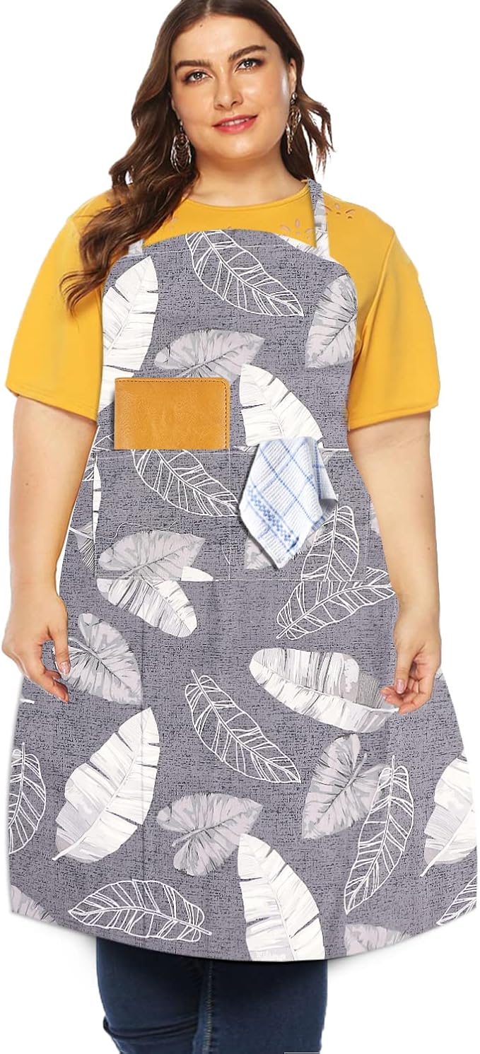 Sanlykate Extra Large Canvas Cotton Apron for Men & Women, Plus Size Durable Aprons with 2 Pockets, Adjustable Bib Machine Washable Oversized Aprons for Baking, Cooking, Painting - Feather